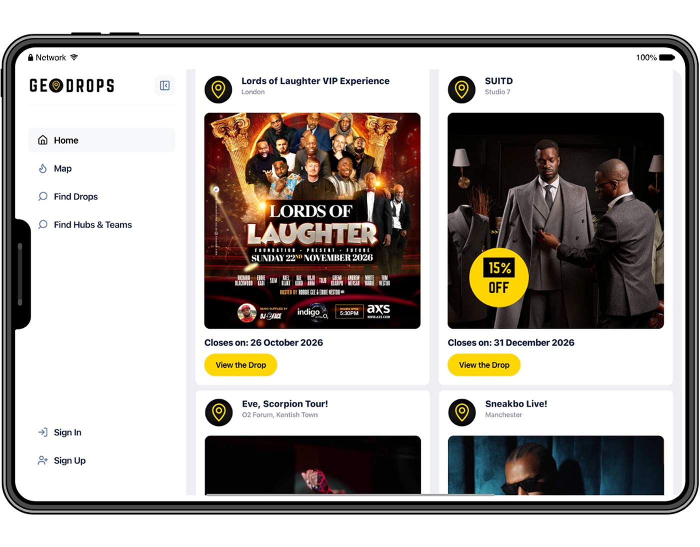 Geo-Drops app showing nearby Drops including Lords of Laughter and SUITD